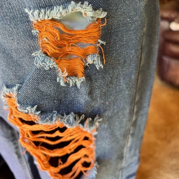 High Rise Jeans for Women Trendy 90s Denim Straight Leg Jeans orange thread rips - Picture 12 of 16